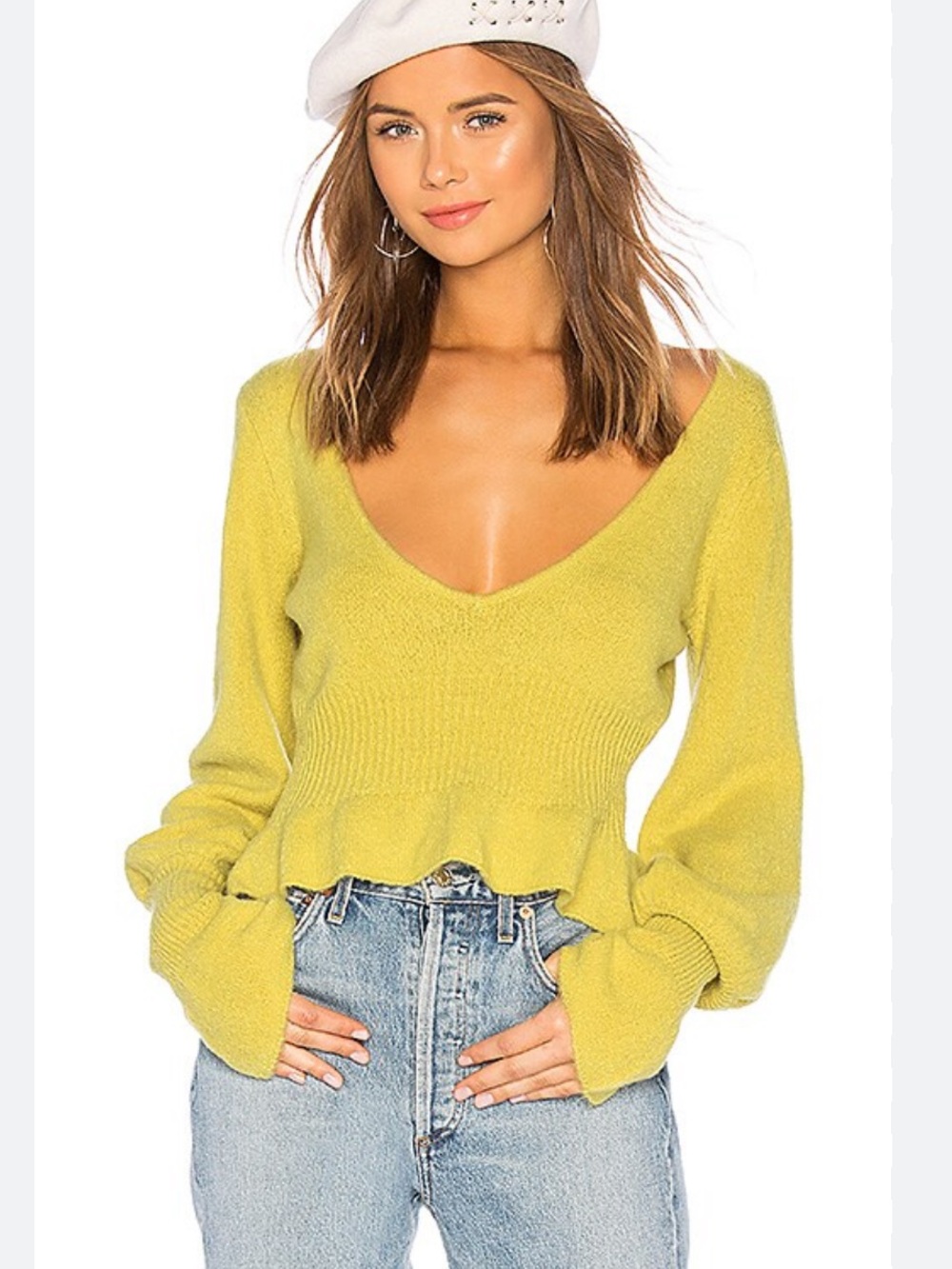 For Love And Lemons Chartreuse V-Neck Peplum Sweater